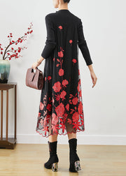 Red Floral Silm Fit Knit Long Dress Embroidered Fall