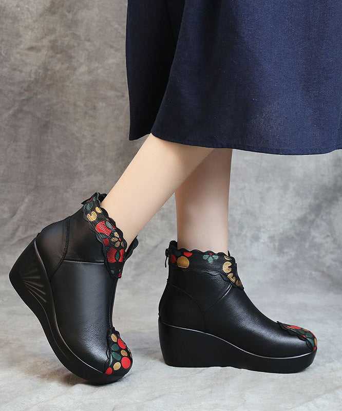 Red Floral Splicing Cowhide Leather Ankle Boots Wedge