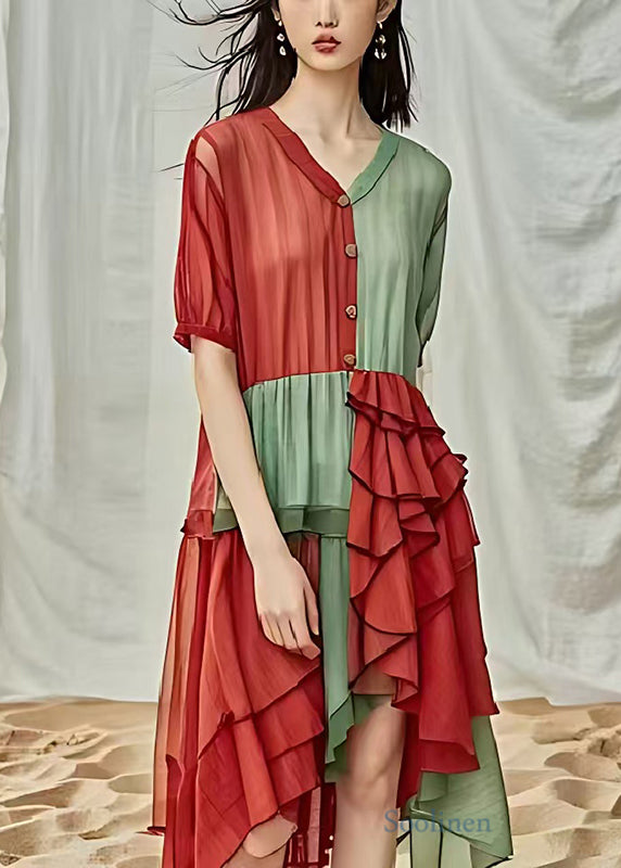 Red Green Patchwork Cotton Dress Ruffled Low High Design Summer