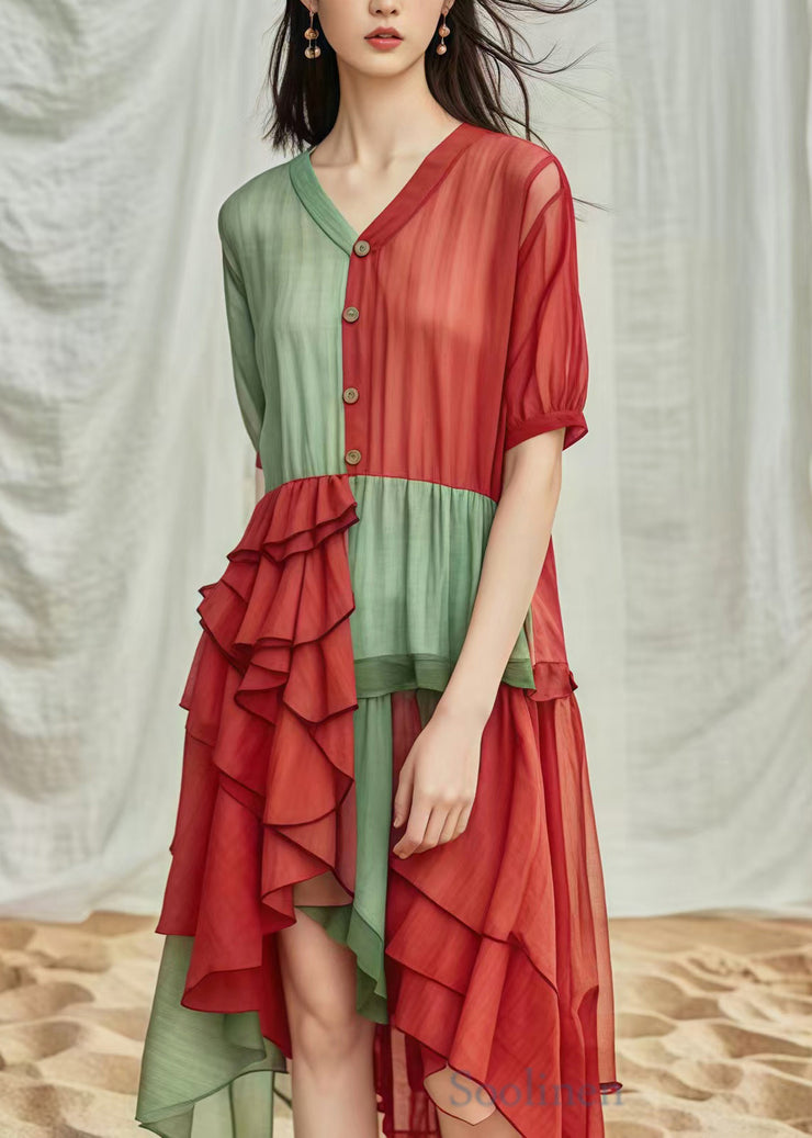 Red Green Patchwork Cotton Dress Ruffled Low High Design Summer