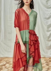 Red Green Patchwork Cotton Dress Ruffled Low High Design Summer