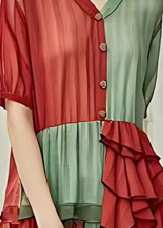 Red Green Patchwork Cotton Dress Ruffled Low High Design Summer