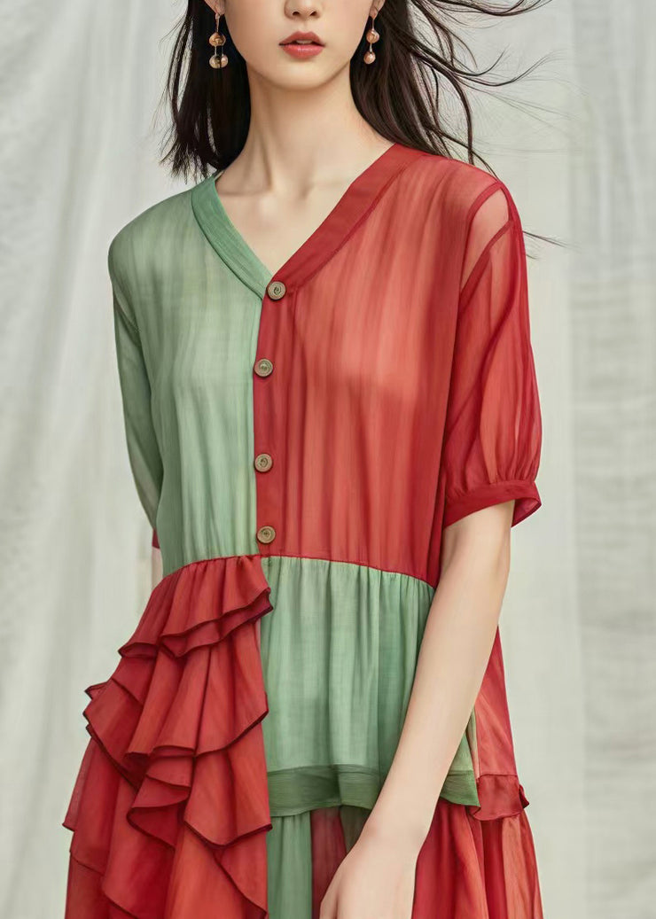 Red Green Patchwork Cotton Dress Ruffled Low High Design Summer