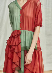 Red Green Patchwork Cotton Dress Ruffled Low High Design Summer