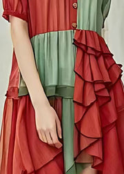 Red Green Patchwork Cotton Dress Ruffled Low High Design Summer