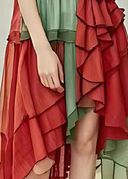 Red Green Patchwork Cotton Dress Ruffled Low High Design Summer