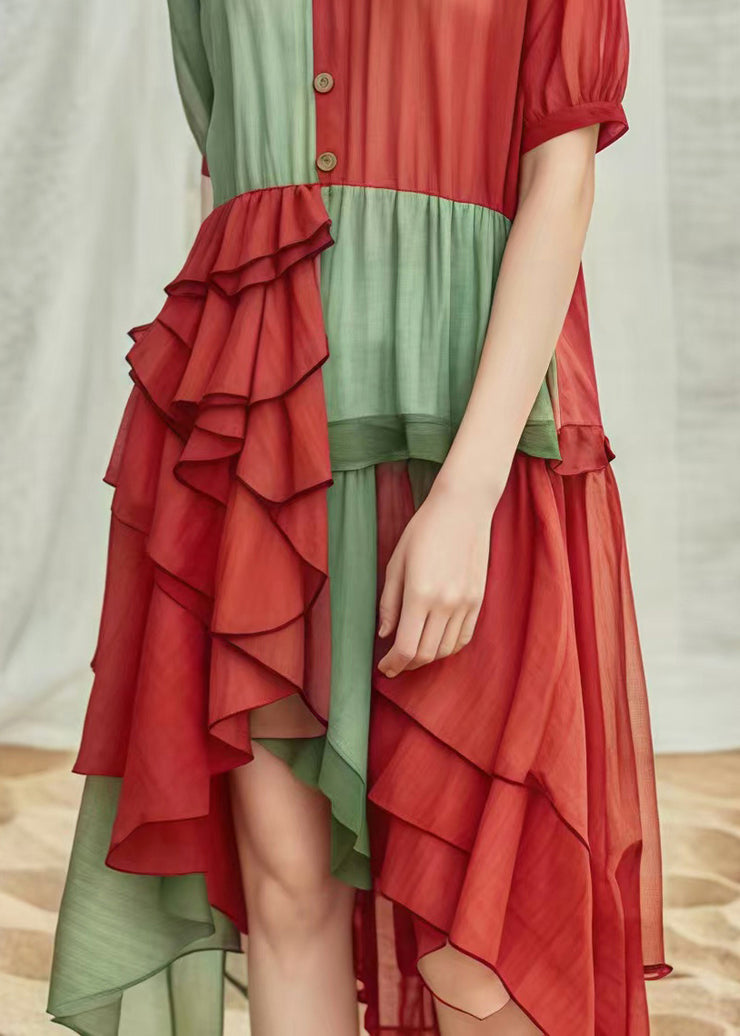 Red Green Patchwork Cotton Dress Ruffled Low High Design Summer