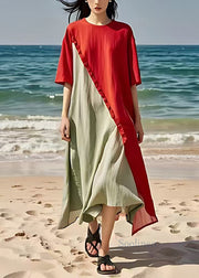 Red Green Patchwork Cotton Vacation Dresses Oversized Ruffled Summer