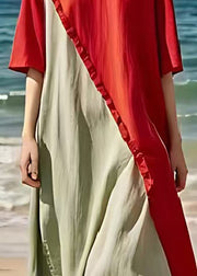 Red Green Patchwork Cotton Vacation Dresses Oversized Ruffled Summer