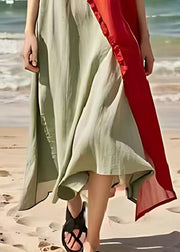 Red Green Patchwork Cotton Vacation Dresses Oversized Ruffled Summer