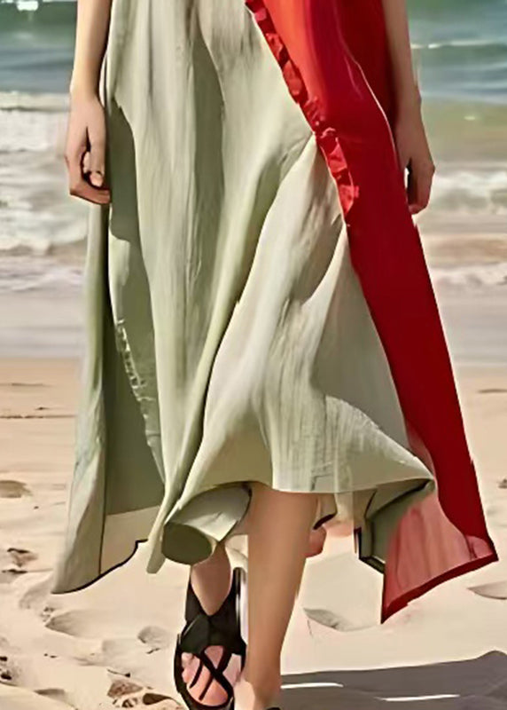 Red Green Patchwork Cotton Vacation Dresses Oversized Ruffled Summer