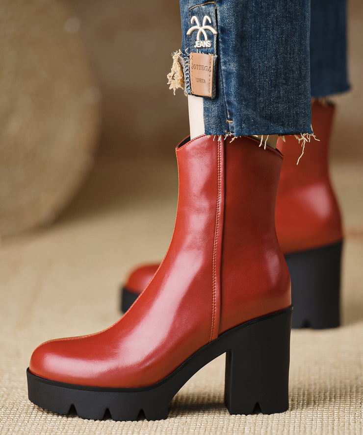 Red Handmade Chunky Cowhide Leather Women Splicing Boots