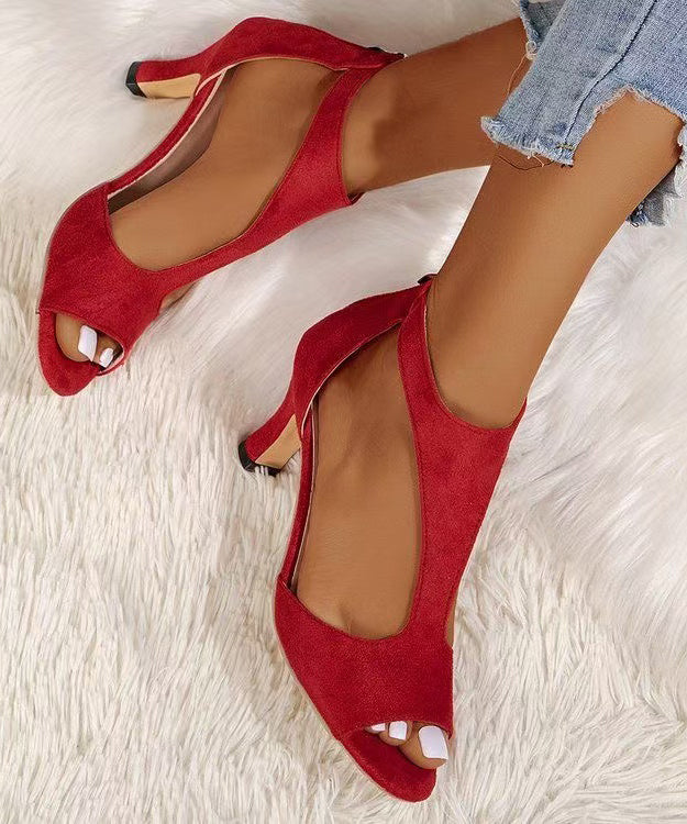 Red High Heel Suede Soft Splicing Sandals Hollow Out Peep Toe