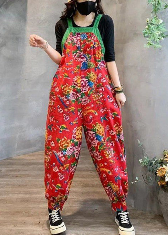 Red High Waist Patchwork Cotton Jumpsuits Pockets  Fall