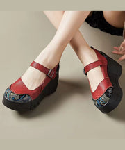 Red High Wedge Heels Shoes Women Splicing Buckle Strap