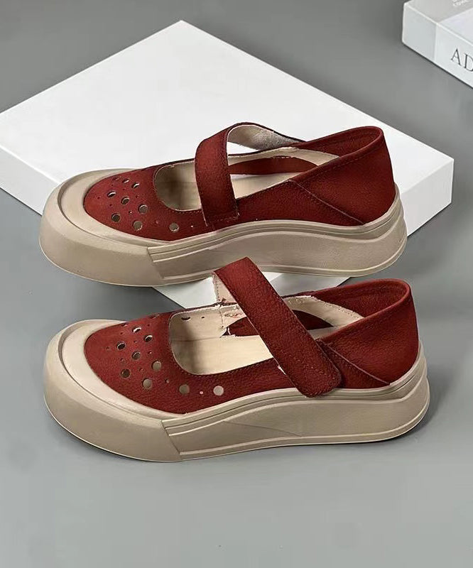 Red Hollow Out Buckle Strap Splicing Platform Flat Feet Shoes
