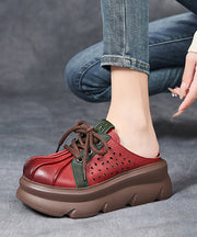 Red Hollow Out Lace Up Splicing Platform Slide Sandals