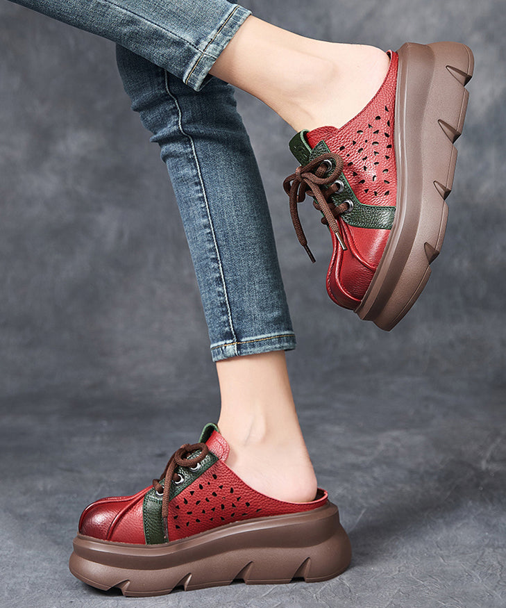 Red Hollow Out Lace Up Splicing Platform Slide Sandals