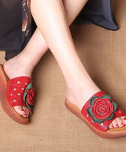 Red Hollow Out Splicing Cowhide Leather Peep Toe Slide Sandals