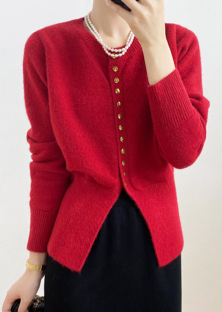 Red Knit Cardigan Coat O Neck Button Front Open Fall