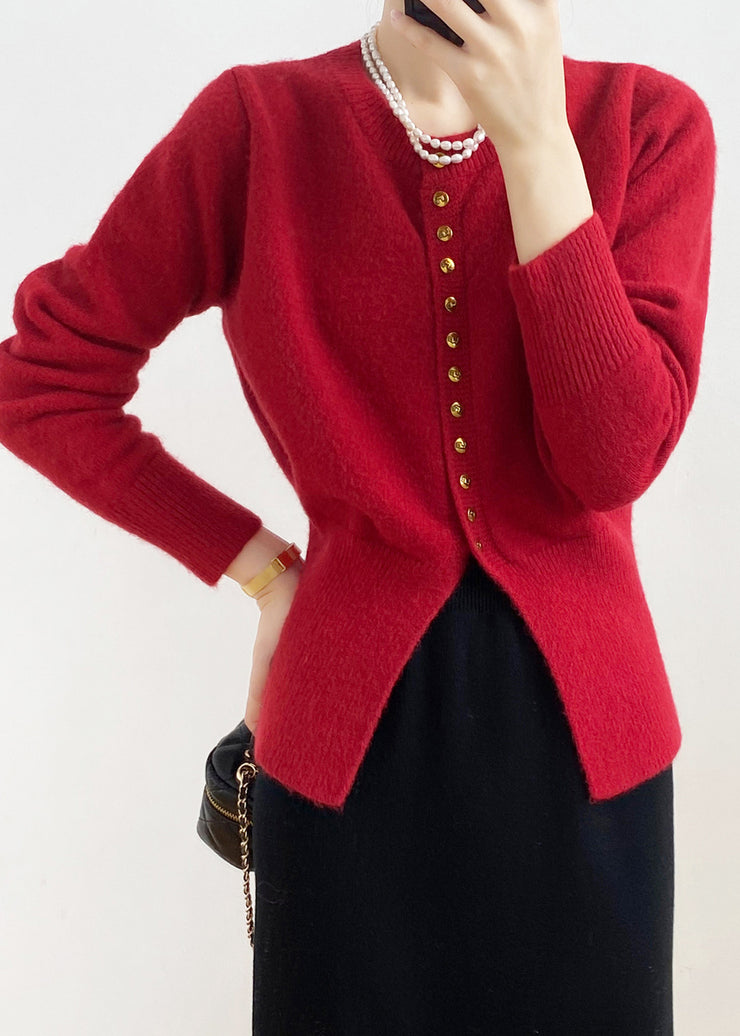 Red Knit Cardigan Coat O Neck Button Front Open Spring