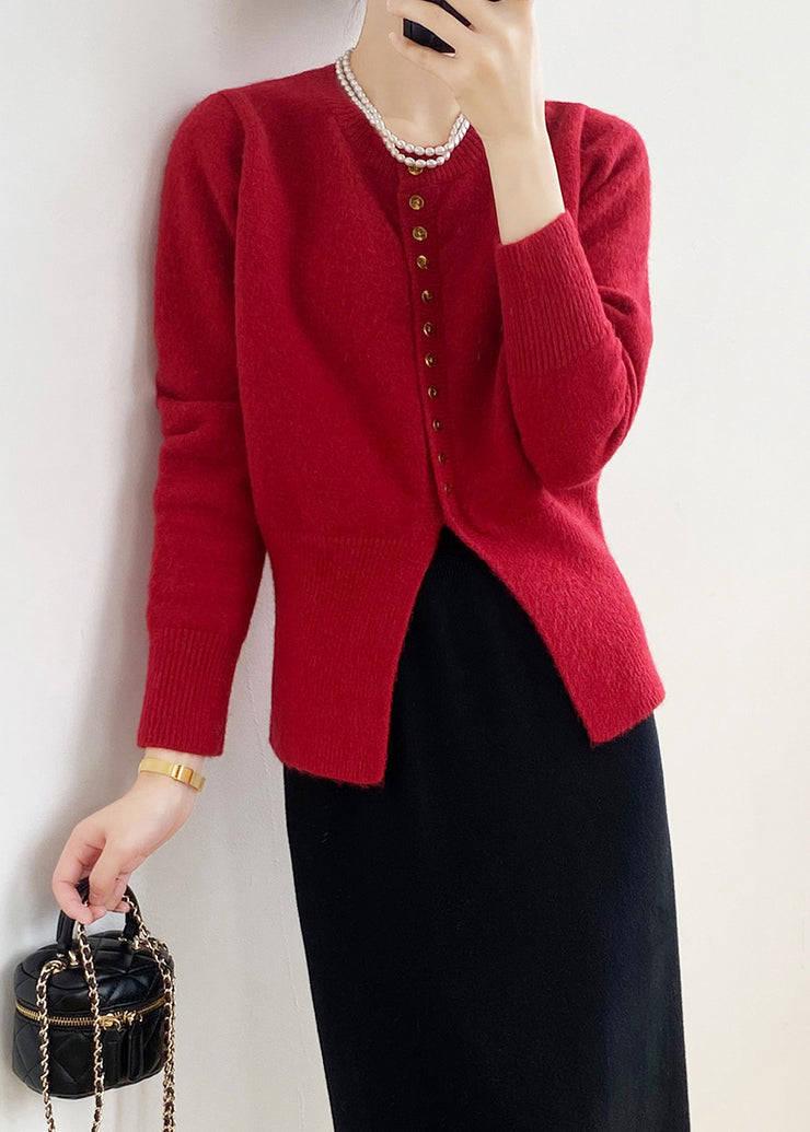 Red Knit Cardigan Coat O Neck Button Front Open Spring