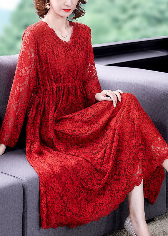 Red Lace Long Dress Slim Fit Exra Large Hem Spring