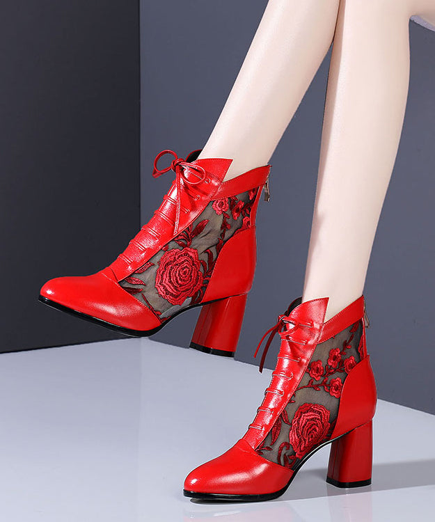 Red Lace Up Cowhide Leather Hollow Out Chunky Boots
