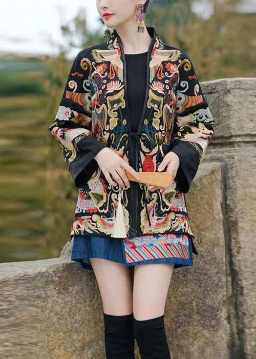 Red Lace Up Embroidered Silk Coats V Neck Long Sleeve
