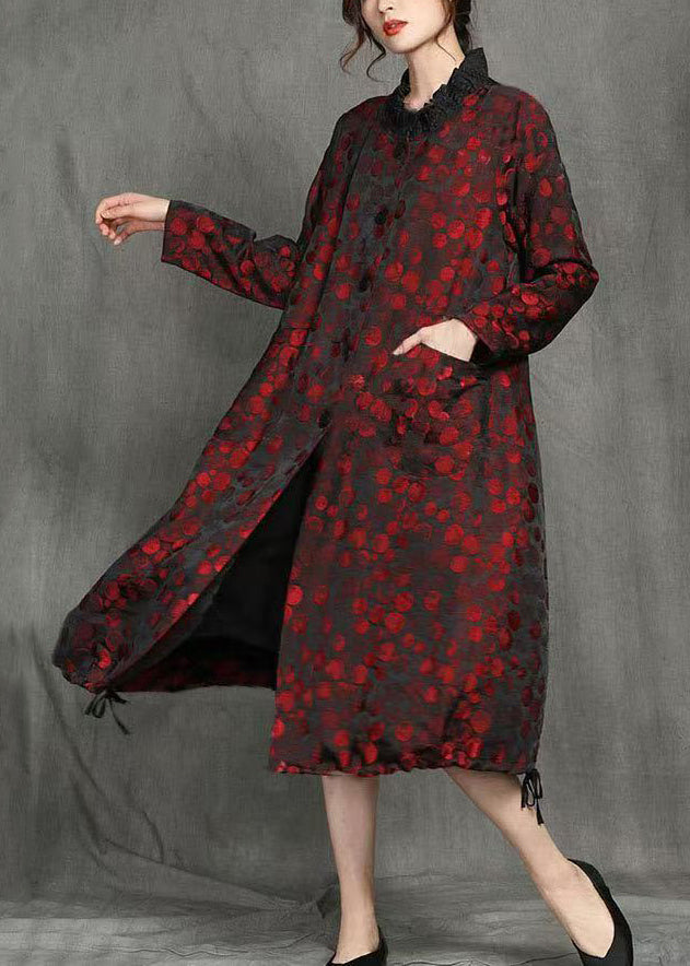 Red Lace Up Pockets Patchwork Coats Dot Winter