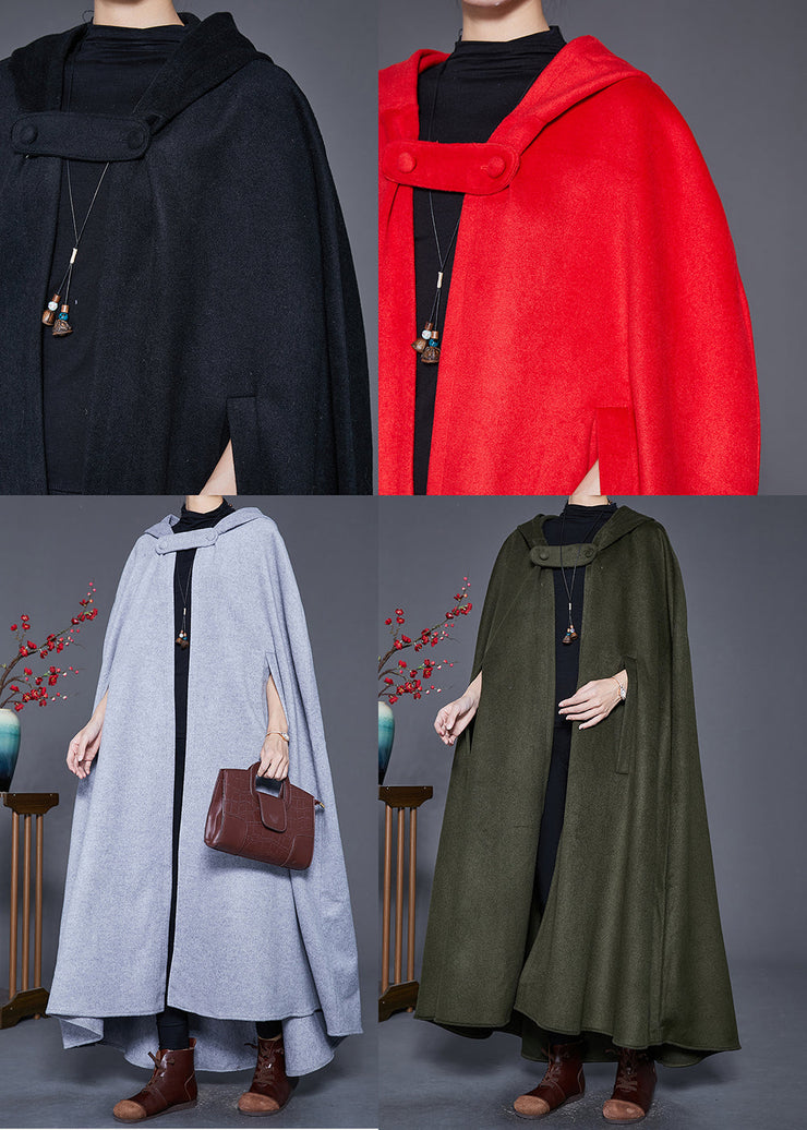 Red Lengthen Woolen Trench Coats Hooded Cloak Sleeves