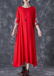 Red Linen Dresses Embroidered Exra Large Hem Half Sleeve