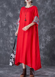 Red Linen Dresses Embroidered Exra Large Hem Half Sleeve