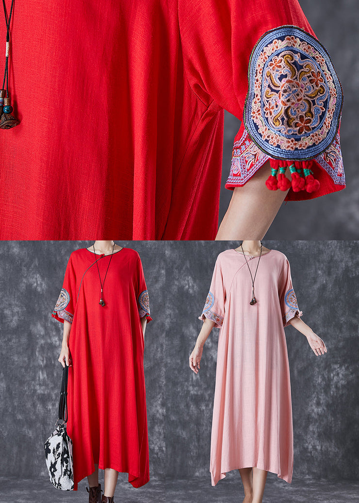 Red Linen Dresses Embroidered Exra Large Hem Half Sleeve