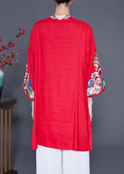 Red Linen Shirt Tops Embroideried Chinese Button Summer