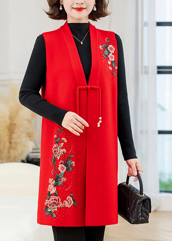 Red Long Wool Knit Waistcoat Embroidered Floral Sleeveless