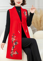 Red Long Wool Knit Waistcoat Embroidered Floral Sleeveless