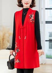 Red Long Wool Knit Waistcoat Embroidered Floral Sleeveless