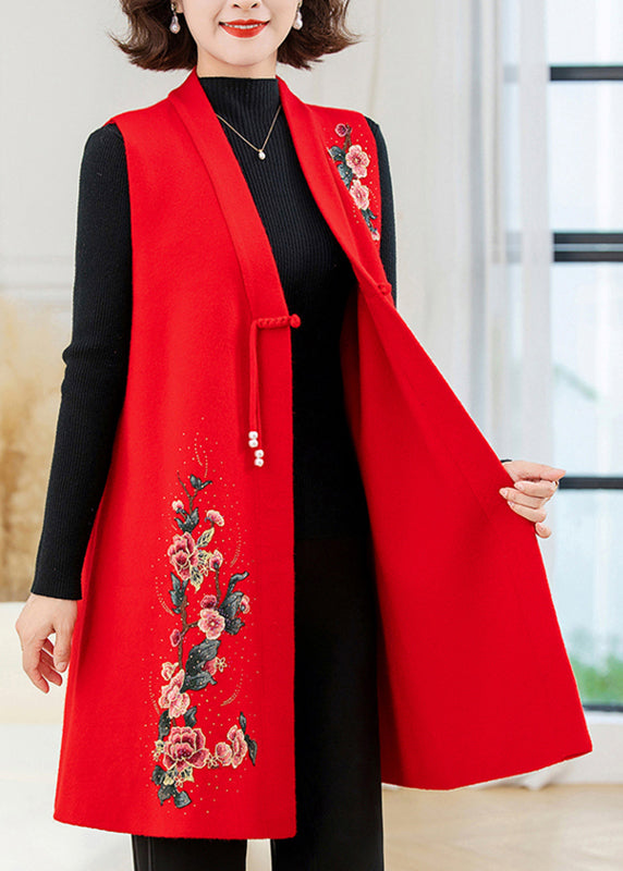 Red Long Wool Knit Waistcoat Embroidered Floral Sleeveless