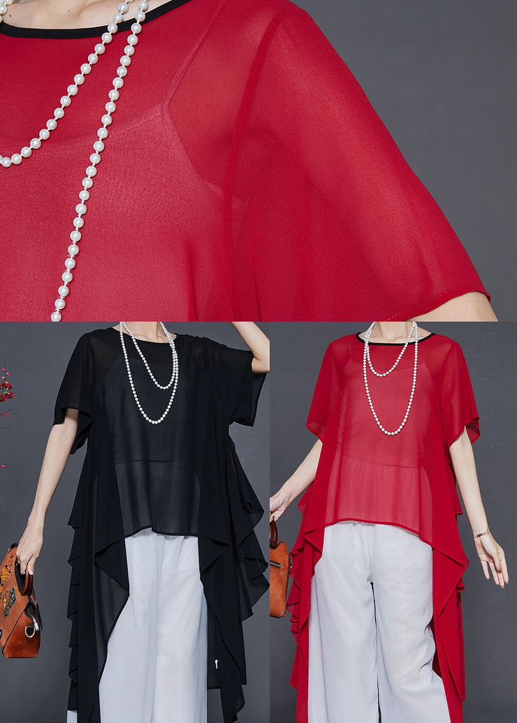 Red Loose Chiffon Long Tops Asymmetrical Summer