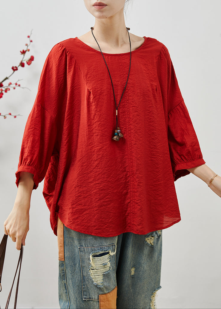 Red Loose Cotton Tops Ruffled Summer Batwing Sleeve