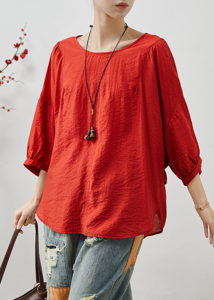 Red Loose Cotton Tops Ruffled Summer Batwing Sleeve