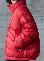 Red Loose Duck Down Puffers Jackets Stand Collar Zip Up Winter