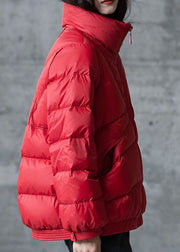 Red Loose Duck Down Puffers Jackets Stand Collar Zip Up Winter