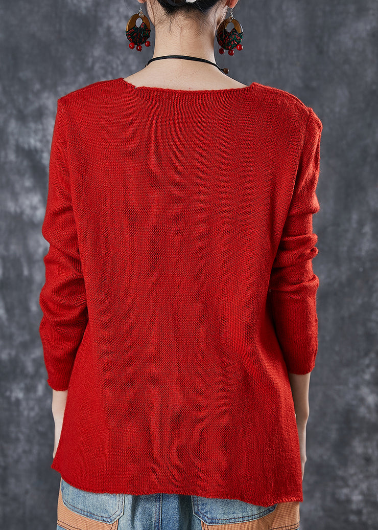 Red Loose Knit Sweaters Asymmetrical Design Spring