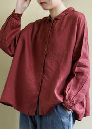 Red Loose Linen Shirt Tops Peter Pan Collar Button Spring