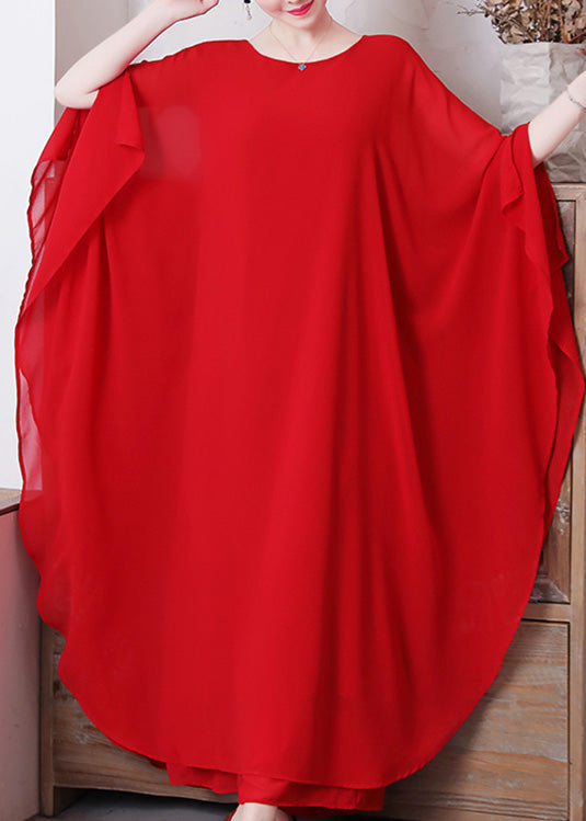 Red O-Neck Chiffon Maxi Dress And Wide Leg Pants Two Pieces Set Long Sleeve