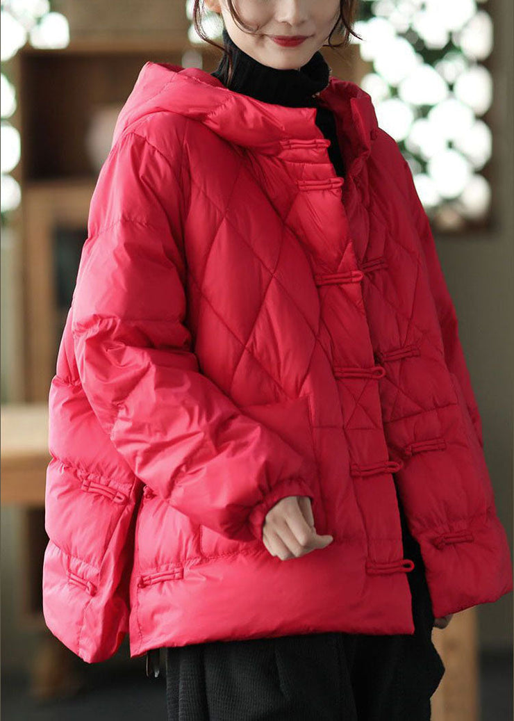 Red Oriental Button Fine Cotton Filled Parkas Oversized Thick Winter