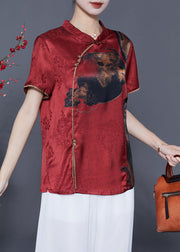 Red Oriental Silk Shirt Stand Collar Chinese Button Summer