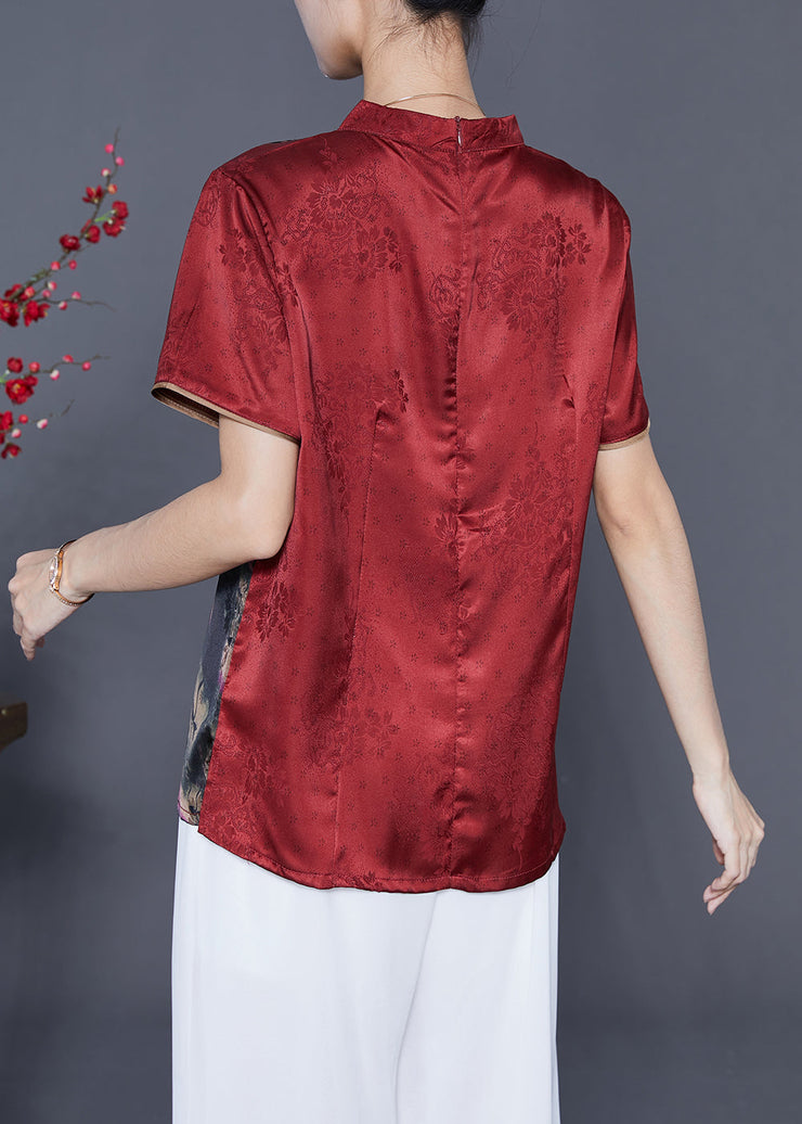 Red Oriental Silk Shirt Stand Collar Chinese Button Summer